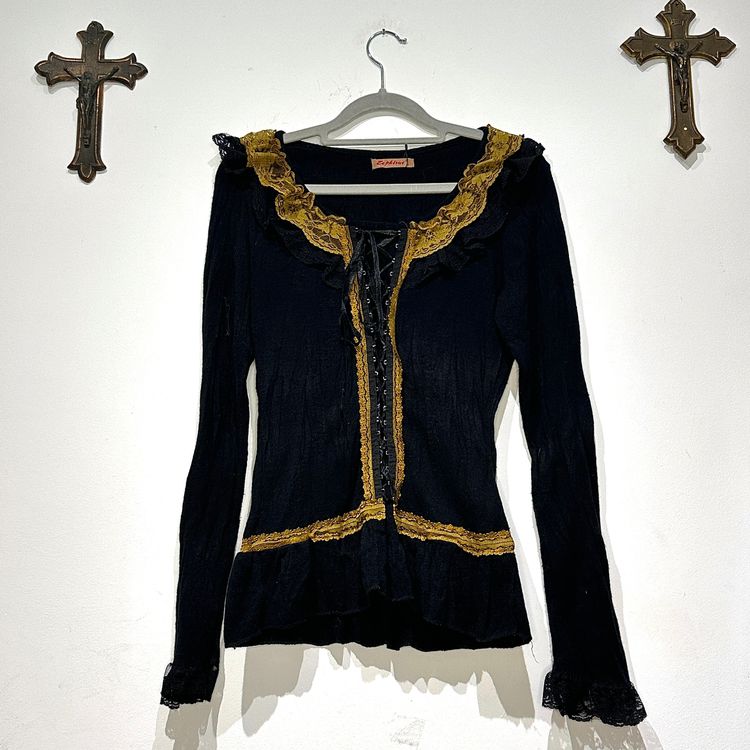 Vintage Whimsy Black Long Sleeve Top With Gold Lace Trim